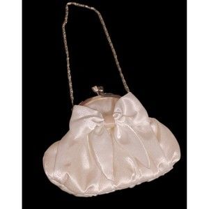 Vintage Jessica McClintock White Satin Clutch Purse w/ Chain & Bow